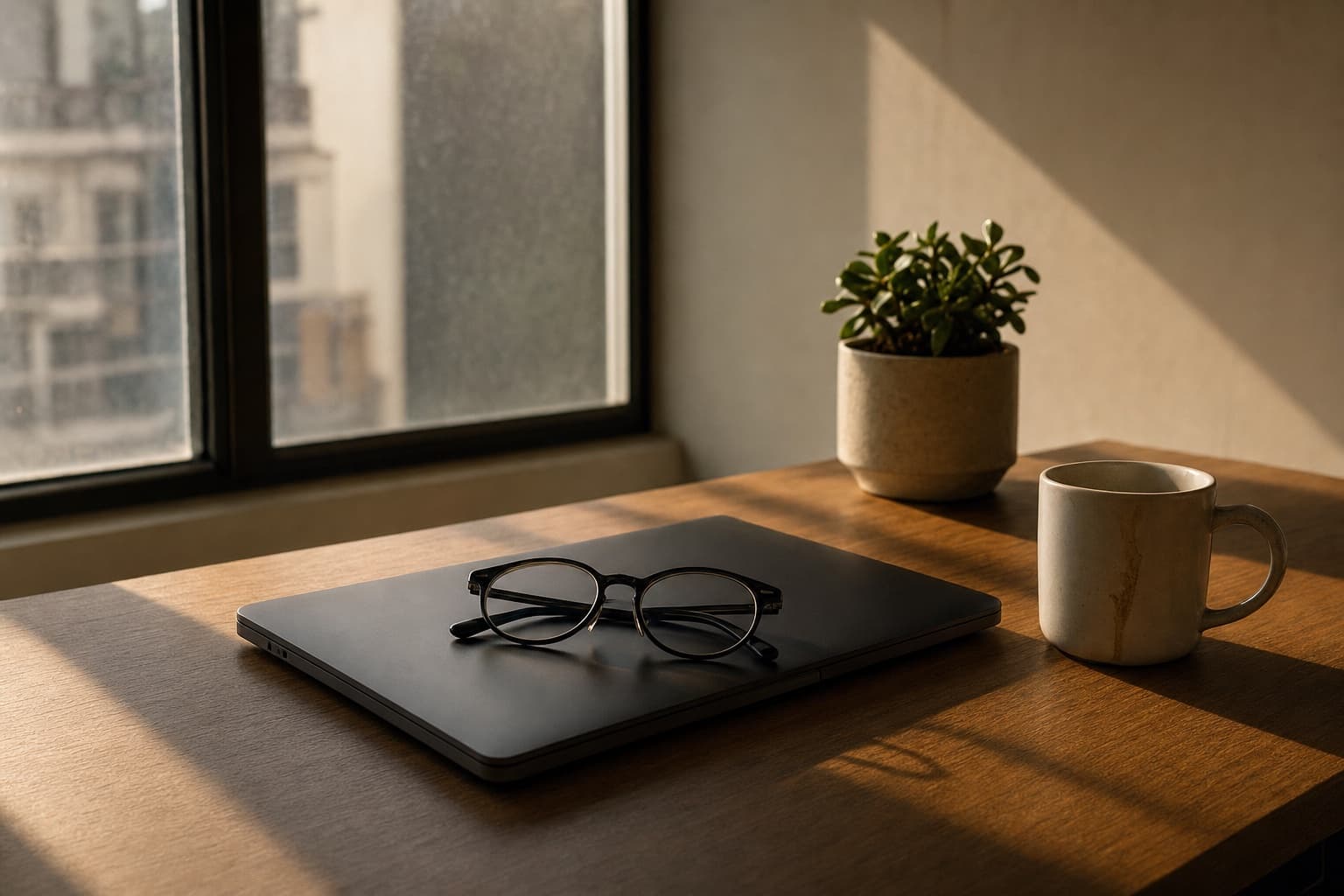 Analyst's desk with closed MacBook, reading glasses and coffee cup in soft afternoon light.