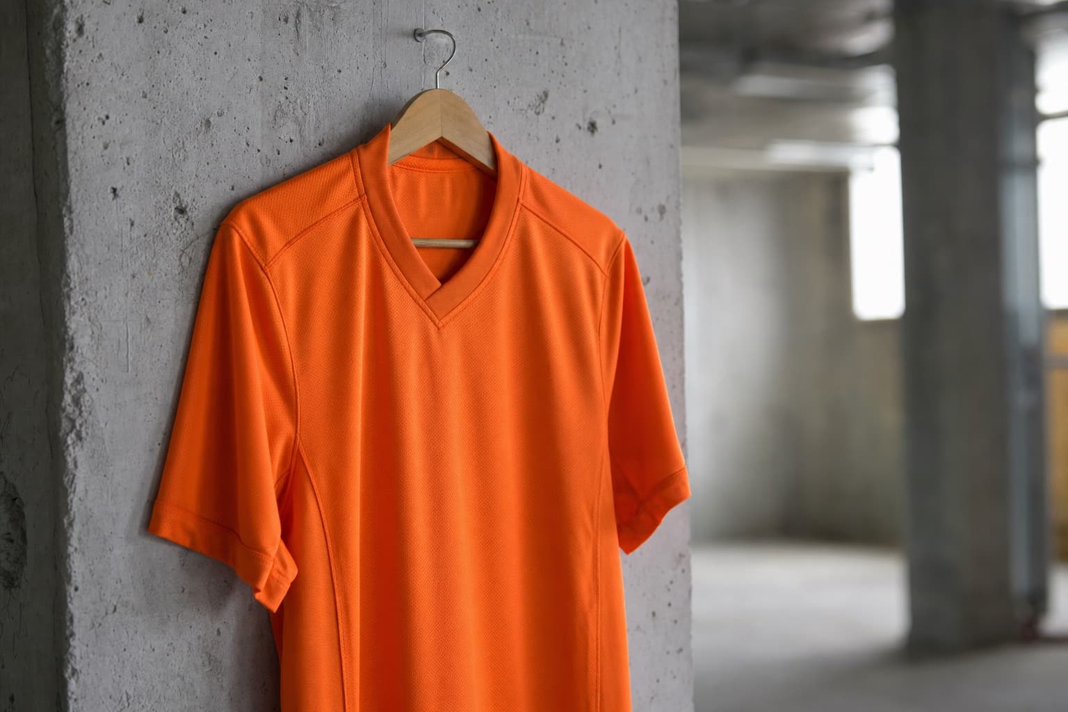 Plain orange Netherlands football jersey hanging on a wooden hanger against a concrete locker room wall.